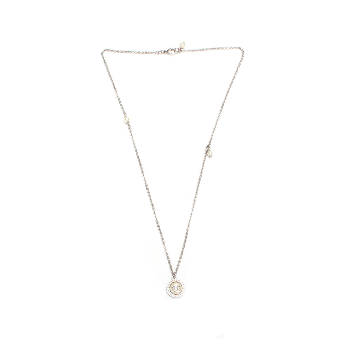 Faux Pearl & Strass CC Pendant Necklace
