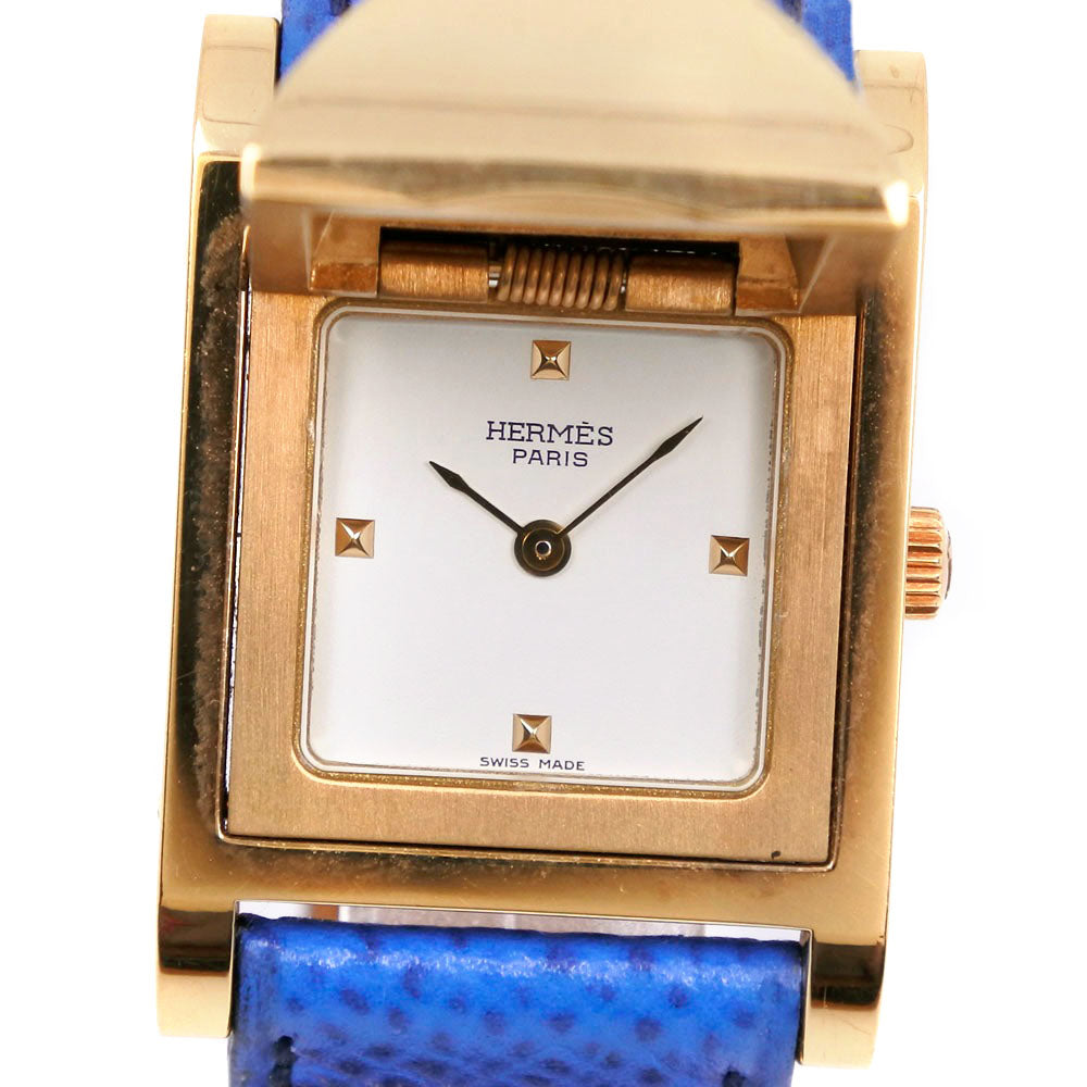 Hermes Medor ME1.210 Blue'93 Swiss Made Quartz Analog Ladies' Watch in Gold Plating and Leather ME1.210