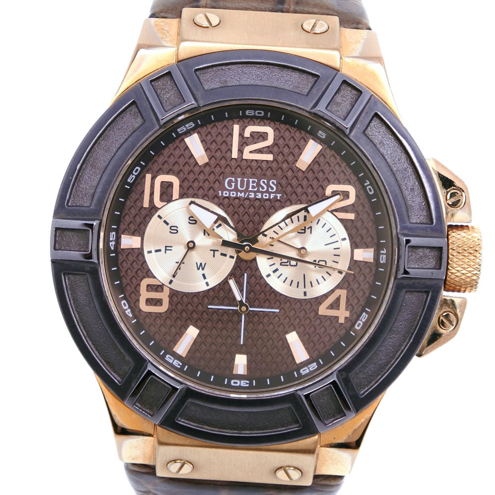 Guess Men's Stainless Steel & Leather Watch W0040G3, Gold, Quartz, Analog Display, Brown Dial  W0040G3
