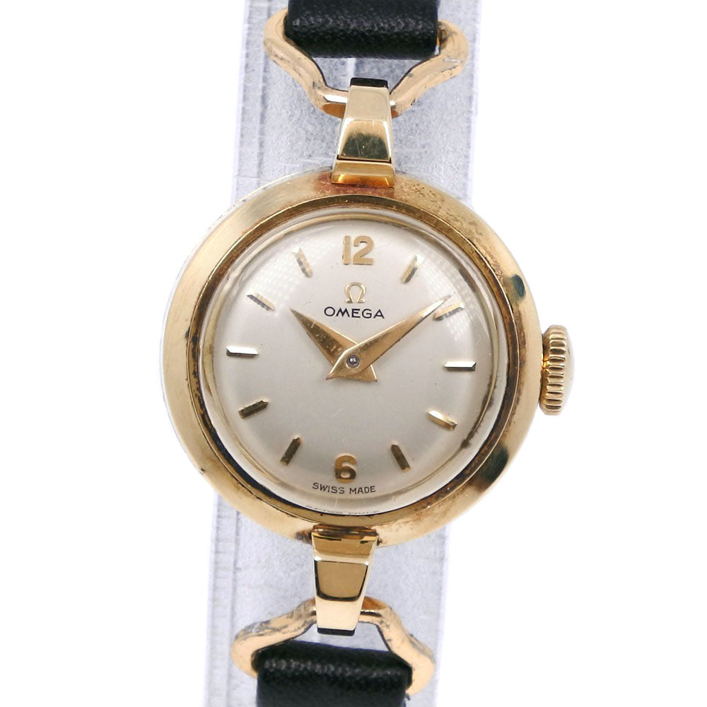 Omega Wristwatch, Cal.244, K14 Yellow Gold and Leather, Hand-Wound, Silver Dial, Ladies, Swiss Made, Black [Used, B-Rank]
