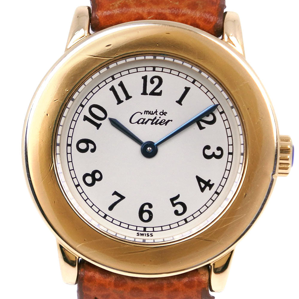 Cartier Mast London Silver 925 & Leather Swiss Women's Brown Quartz Analog Display Beige Dial Wristwatch [Pre-owned]