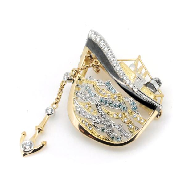 [LuxUness]  Nobuko Ishikawa Nautical Motif Diamond Pendant Brooch of 0.67ct in K18 Yellow Gold & PT900 Platinum for Women in Good condition