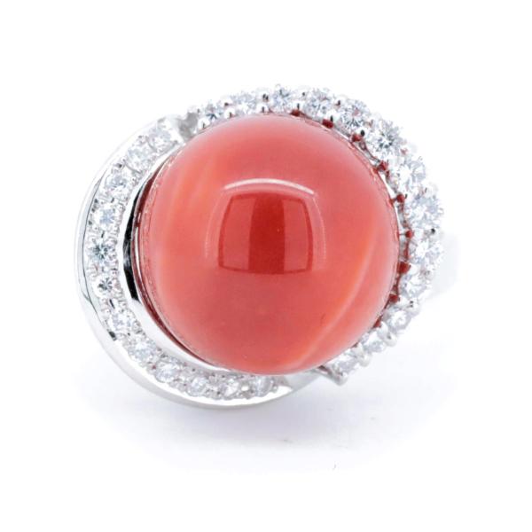 [LuxUness]  Coral 13mm Diamond 0.40ct Ring in Platinum PT900, Silver Size 12 for Ladies [Preloved] in Excellent condition