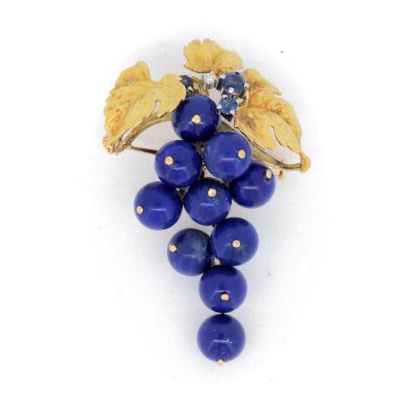Nobuko Ishikawa Grape Motif Brooch Pendant with Lapis Lazuli, Sapphire & Diamond in K18 Yellow Gold & PT900 Platinum for Women
