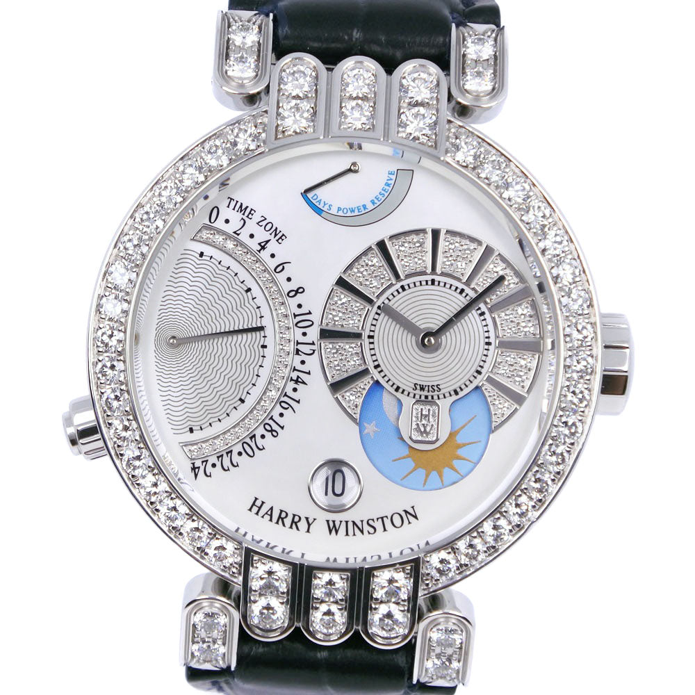 Harry Winston Premier Excenter Watch, Timezone 200-MMTZ39W, K18 White Gold/Diamond/Leather, Manual Analog, Men's, Excellent Preowned Condition 200-MMTZ39W