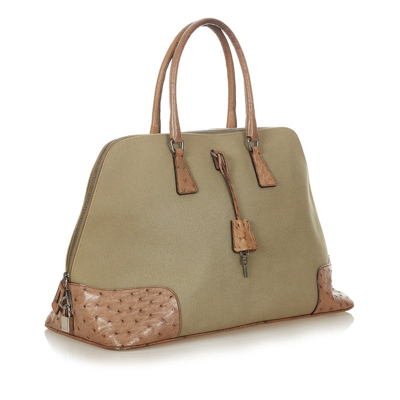 Canvas and Ostrich Leather Handbag