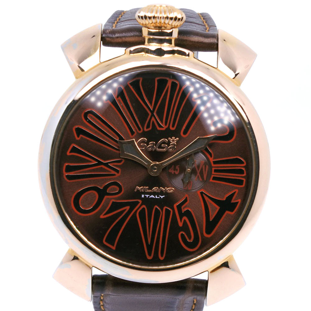 GAGA MILANO Manual 46 Men's Wristwatch - Gold-Plated and Leather, Brown with Small Second Dial