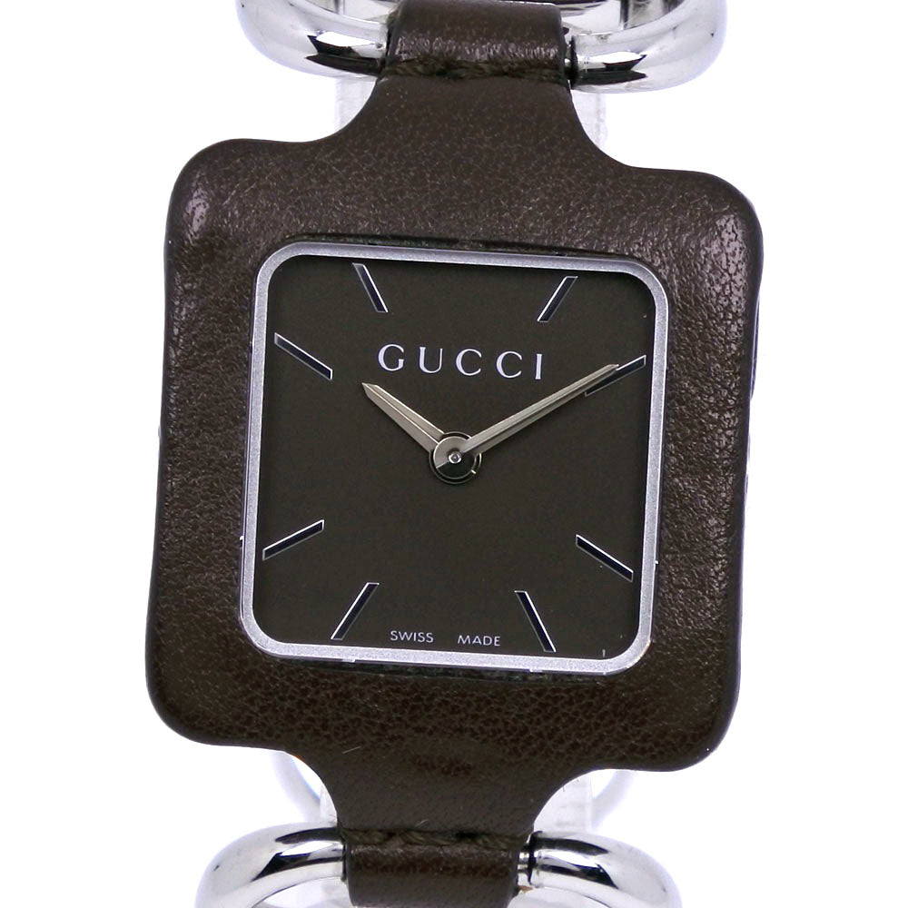 Gucci Men's Wristwatch with Square Face YA130.5, Stainless Steel with Leather, Silver Quartz, Analog Display, Brown Dial, Made in Switzerland [Pre-owned] YA130.5