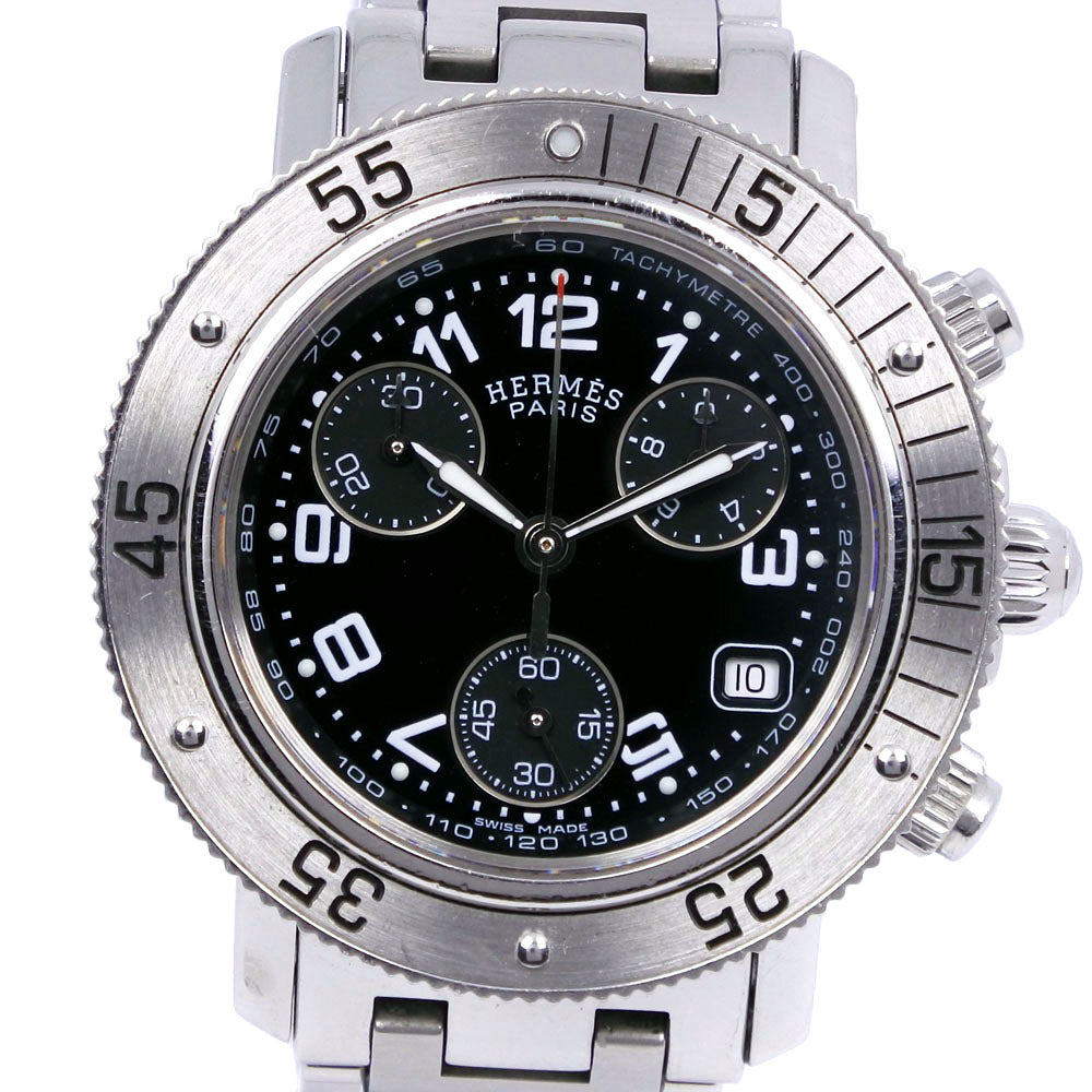 Hermes Clipper Divers Ladies Wristwatch, Silver, Stainless Steel, Swiss Made, Quartz Chronograph, Black Dial, CL2.310【Used】 CL2.310