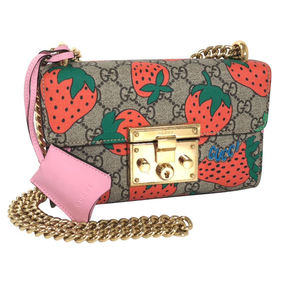 Gucci Small GG Supreme Strawberry Padlock Shoulder Bag Canvas Shoulder Bag 409487 in Good condition