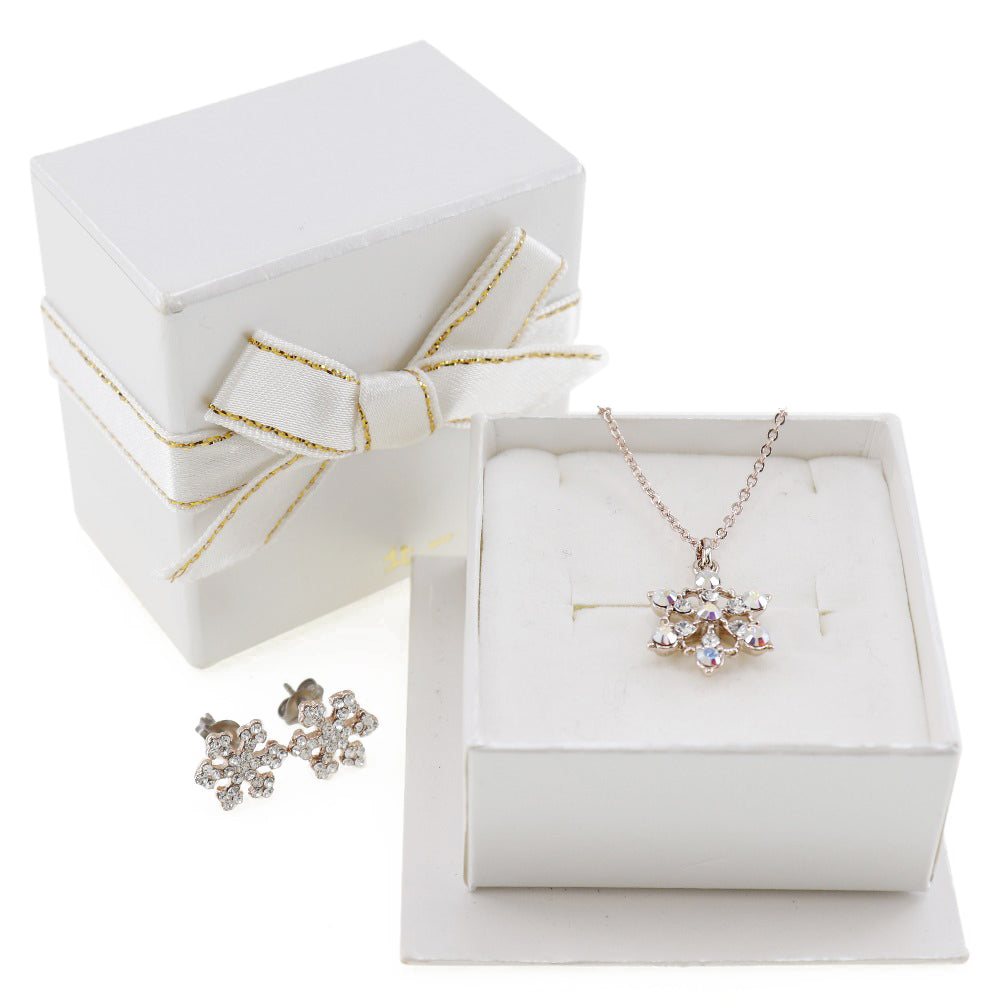 [LuxUness]  Snowflake Themed Earring Set & Necklace in Gold Plating & Rhinestone for Women, Pre-Owned Grade A Metal Necklace in Excellent condition
