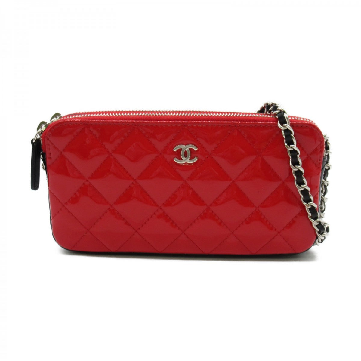 CC Quilted Patent Leather Double Zip Wallet on Chain A82527