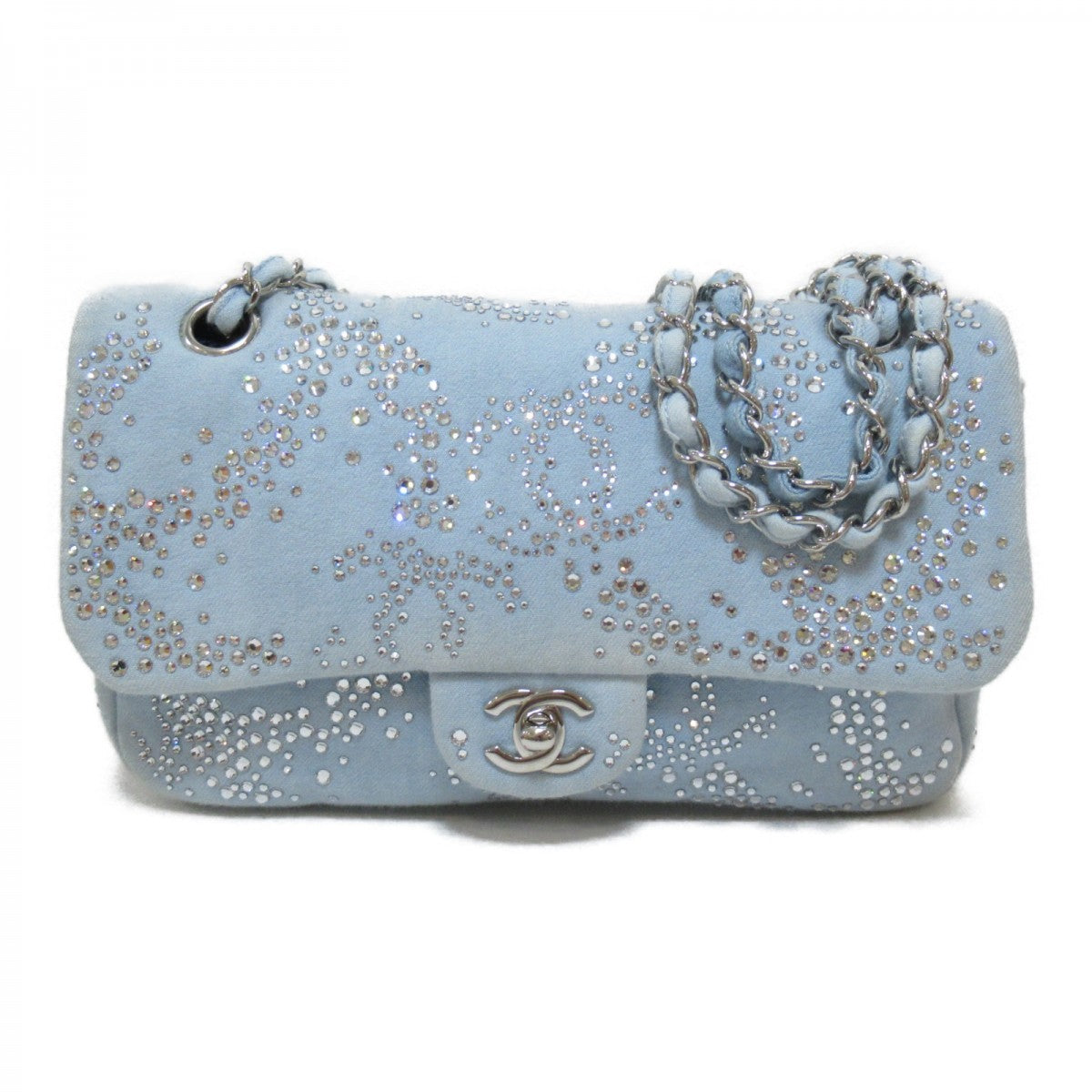 Denim and Crystal Embroidered Flap Bag
