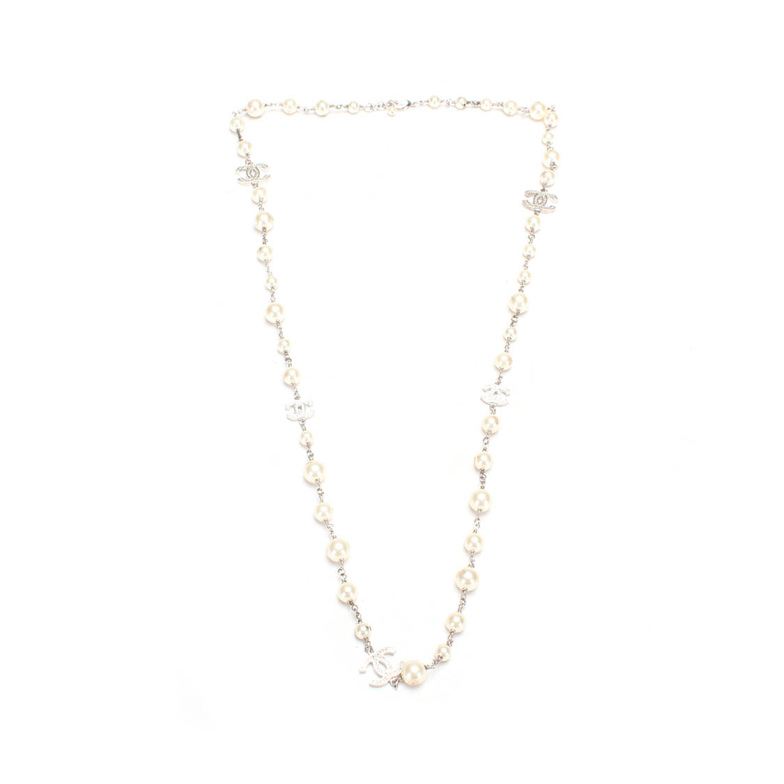 Faux Pearl & Strass CC Long Station Necklace