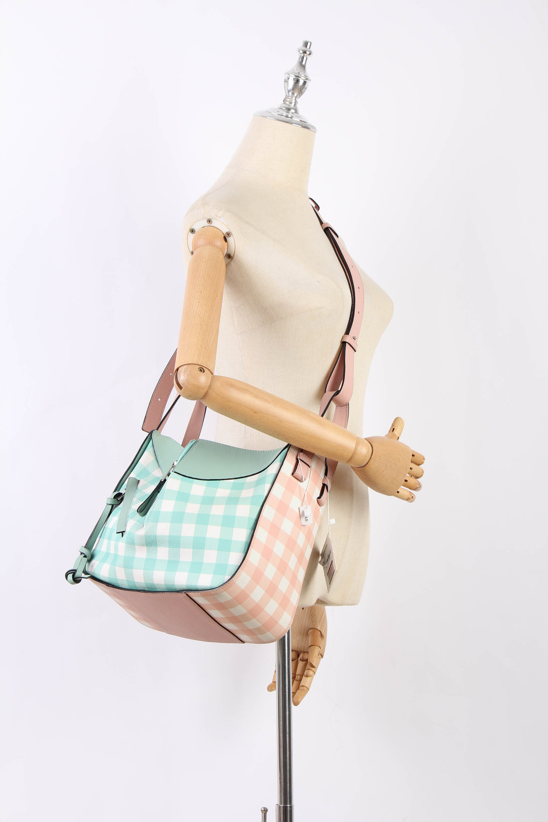 Pastel Gingham Print Leather Hammock Bag