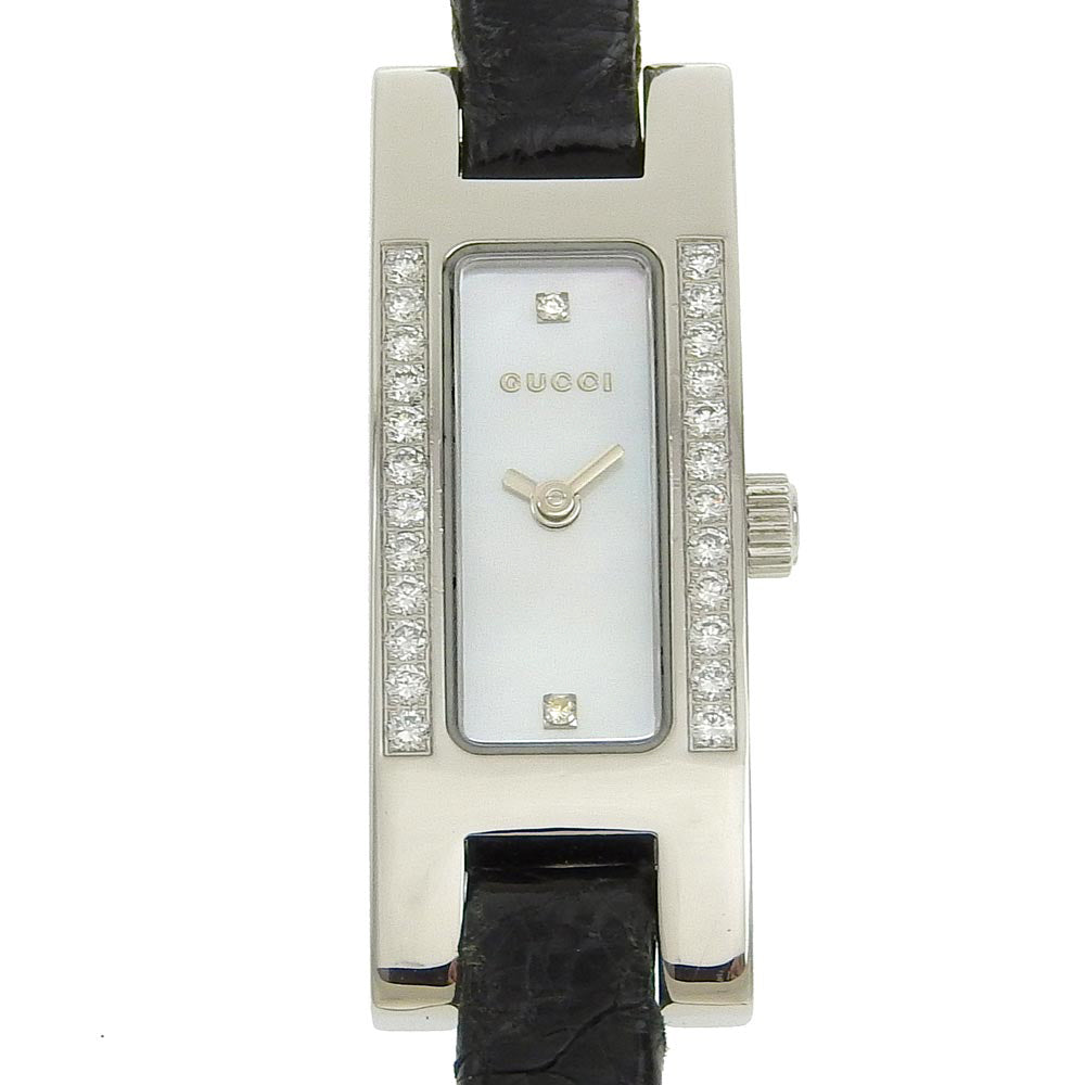 Gucci Bezel Side Diamond 2P Diamond Watch 3900L made of Stainless Steel and Leather - Swiss Made with Black Quartz and White Shell Dial【Pre-owned】 3900L