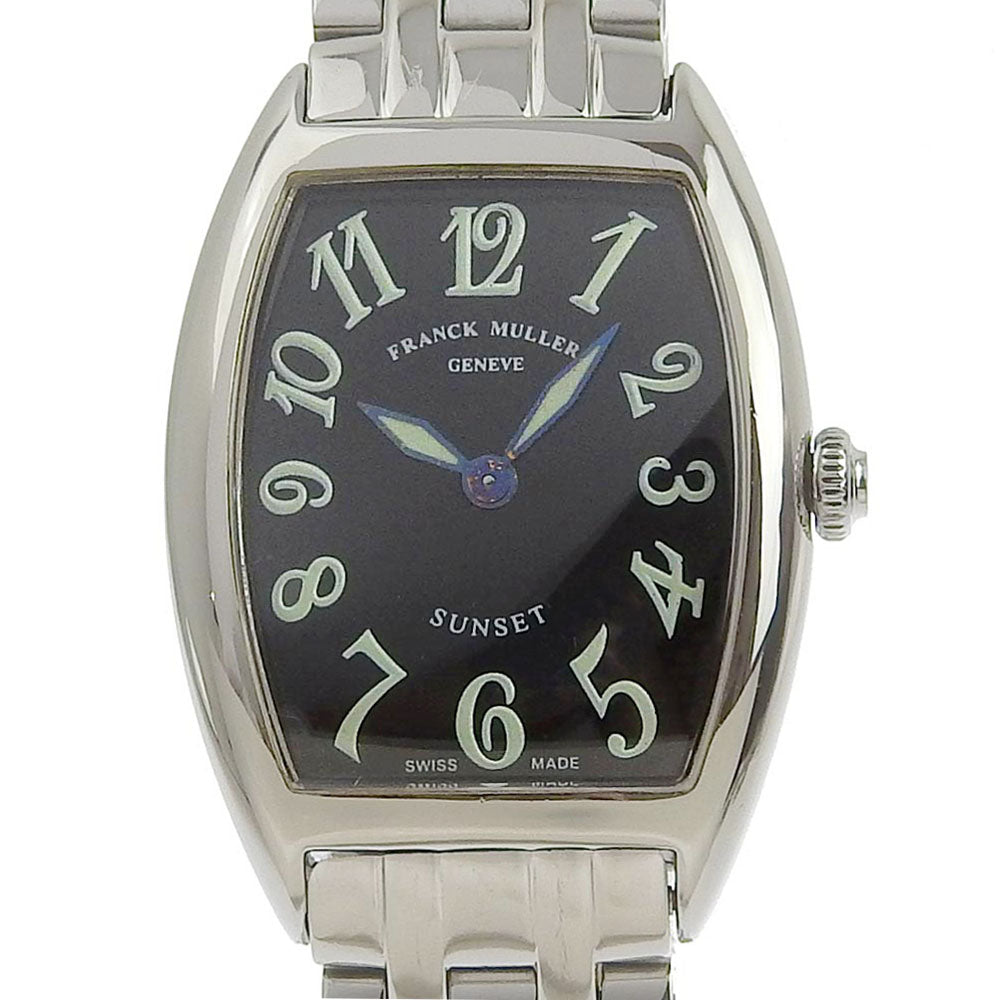 Franck Muller Tonneau Curvex Watch, Sunset 1752QZ, Stainless Steel from Switzerland, Silver Quartz Analog, Women's Black Dial, Preloved   1752QZ
