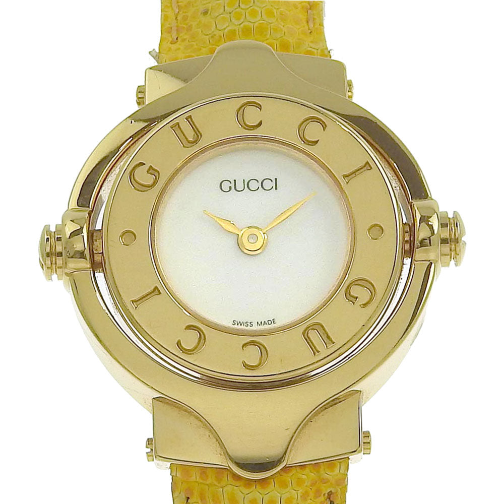 Gucci Rotating G Bangle Women's Watch, Model GQ6600, Gold-plated and Leather, Swiss Made, Yellow Quartz, Analogue Display, White Dial [Used] GQ6600