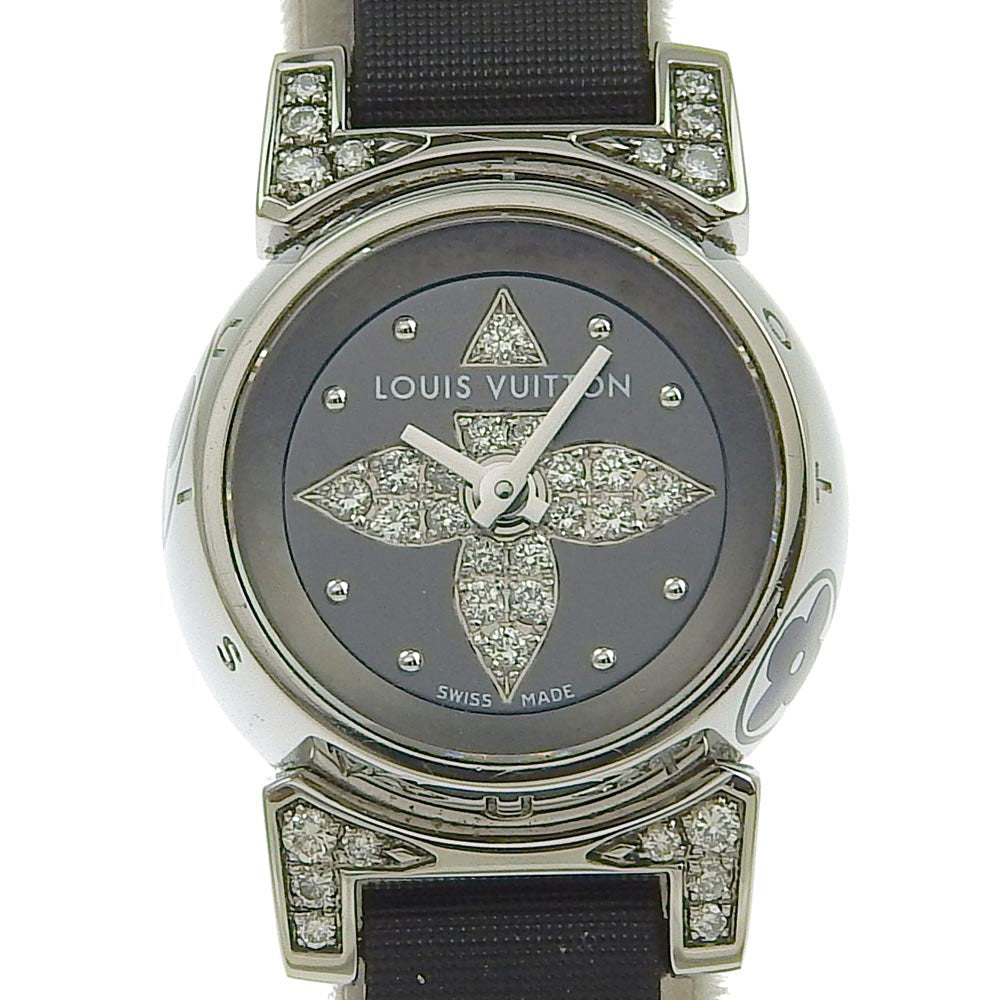 Louis Vuitton Tambour Bijou Women's Watch, Model Q151K, Stainless Steel, Leather and Diamonds, Swiss Made, Black Quartz, Analogue Display, Black Dial [Used] - A Rank Q151K