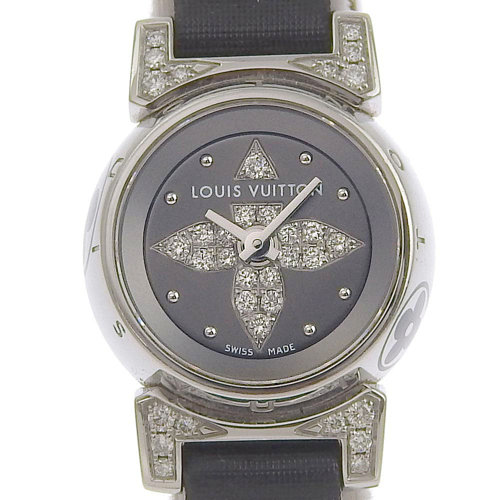 Louis Vuitton Tambour Bijou Center Pave Q151K Ladies Wristwatch, Stainless Steel with Leather and Diamond Detailing, Analog Display, Black Quartz, Silver Dial, Made in Switzerland [Pre-owned] Q151K