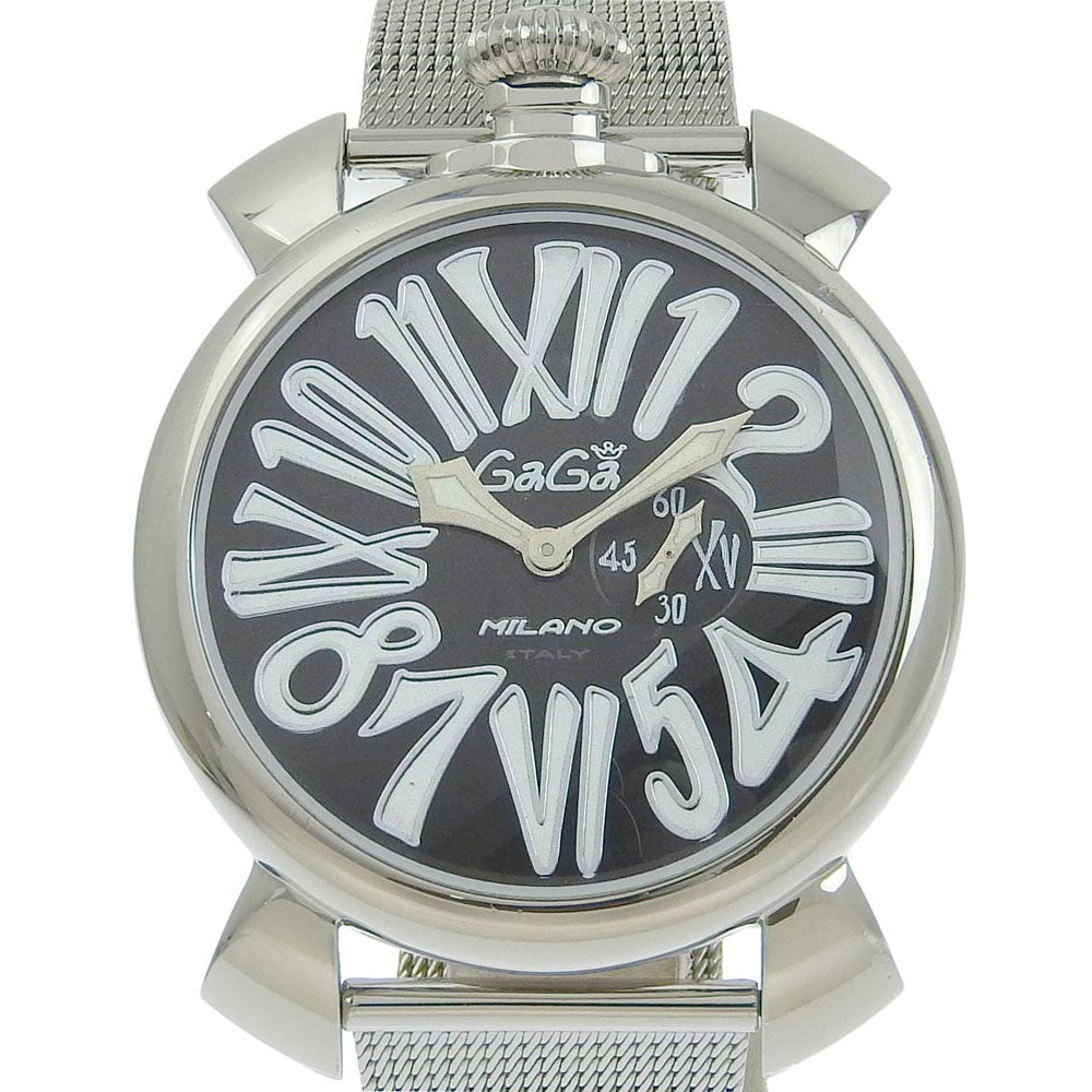 Gaga Milano Manuale 46 Men's Wristwatch - Stainless Steel, Swiss-Made, Silver Quartz, Small Second, Black Dial [Used]