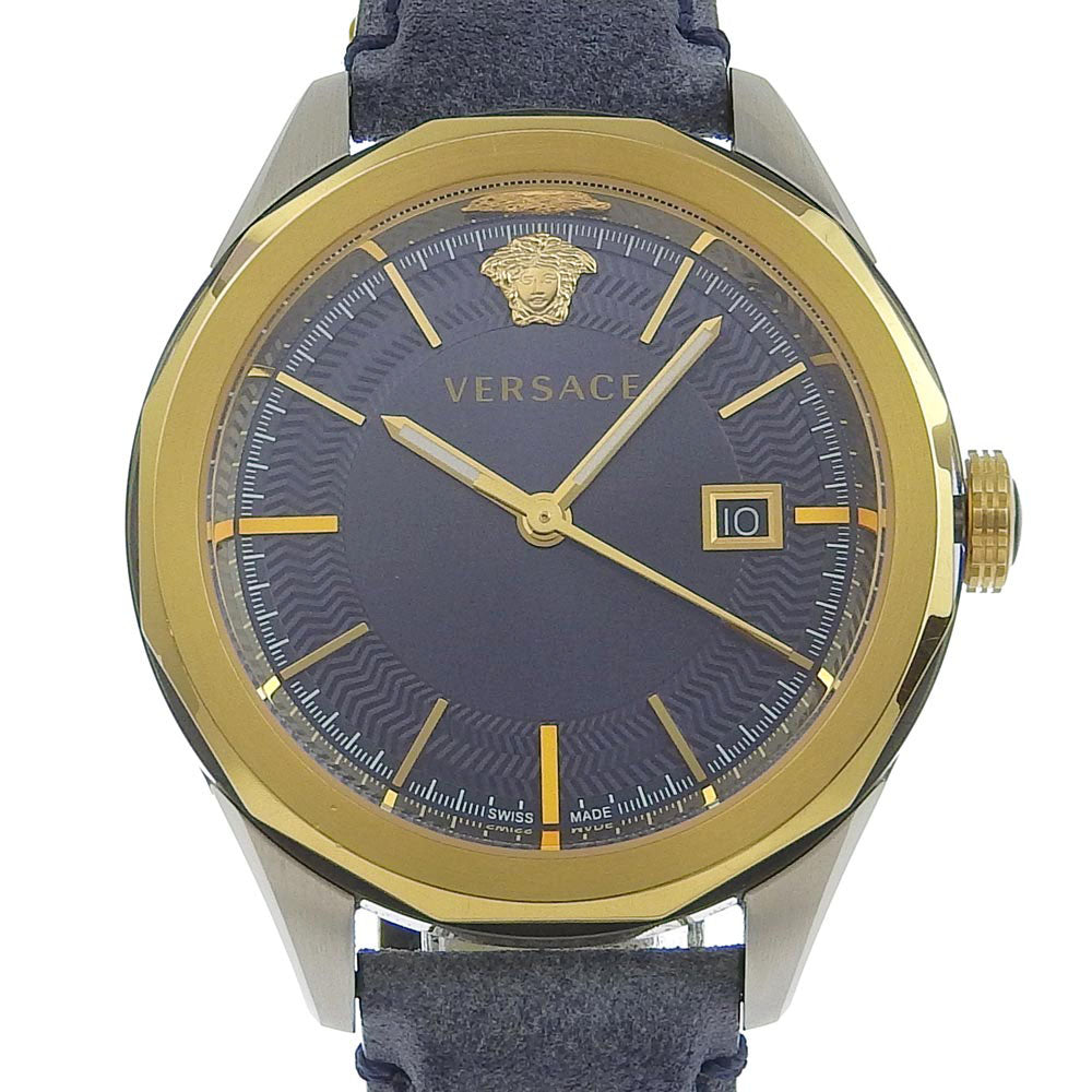 Versace 'VERA' Wristwatch, WR5, Stainless Steel with Leather, Swiss-made, Gold Quartz, Navy Analog Display for Men【Used】A- Rank  WR5