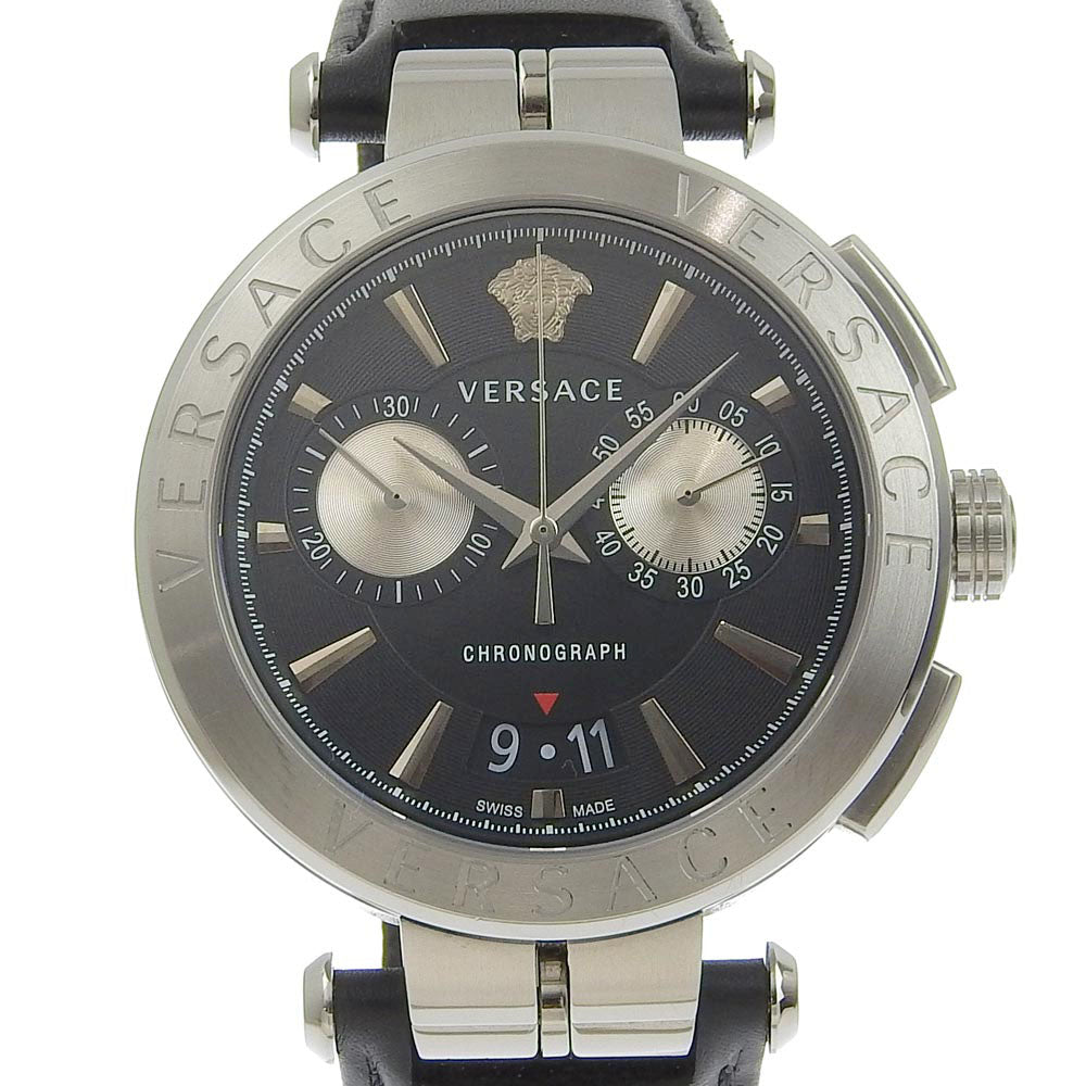 Versace Ion 45mm Wristwatch, VE1D00819, Stainless Steel and Leather, Swiss-made, Silver Quartz Chronograph, Black Dial for Men【Used】A Rank  VE1D00819
