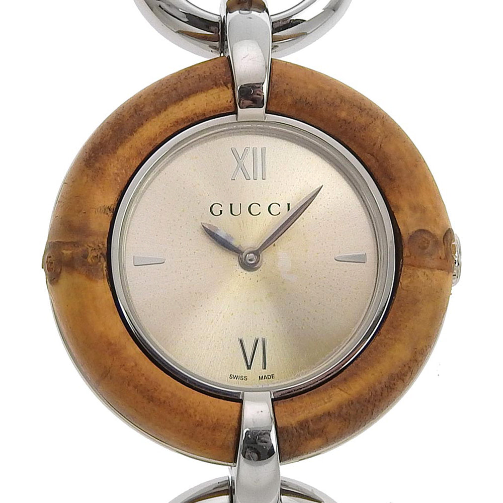 Gucci Bamboo Watch, Stainless Steel & Bamboo, Quartz, Swiss Made, Gold Dial, Ladies [Used] 132.4