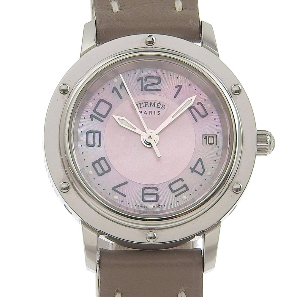 Hermes Clipper Classic Women's Watch, CP1.210, Stainless Steel/Leather, Swiss Made, 2011 Beige, Quartz Analog, Pink Shell Dial [Used] CP1.210