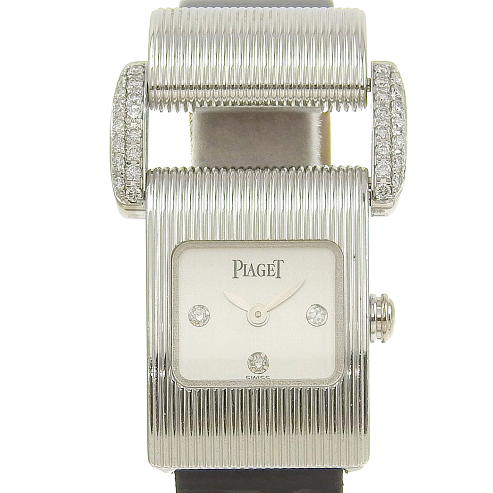 Piaget Miss Protocol Diamond Lug 3P Diamond Index Watch 5222 made of K18 White Gold and Leather - Swiss Made with Black Quartz and Silver Analog Dial【Pre-owned】A-Rank 5222.0