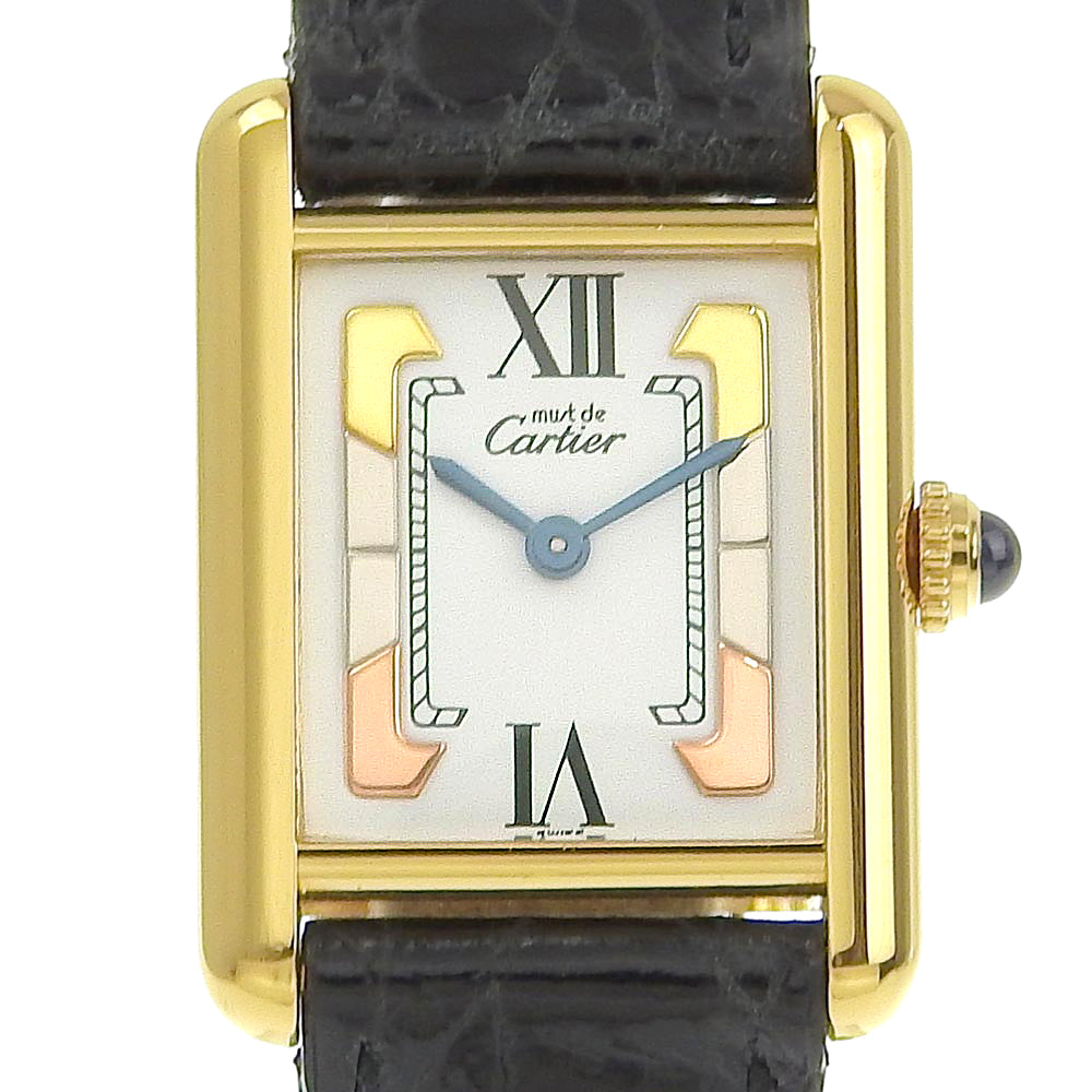 Cartier Must Tank Trinity Watch W1006354 made of Silver925, Stainless Steel and Leather - Swiss Made with Black/Gold Quartz and White Dial【Pre-owned】A-Rank W1006354