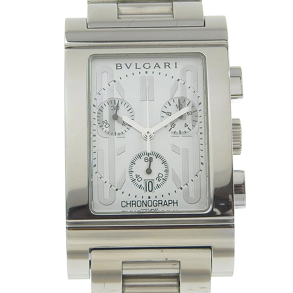 Bulgari Rettangolo Men's Quartz Chronograph Watch RTC49S, Stainless Steel, White Dial [Pre-Owned] RTC49S