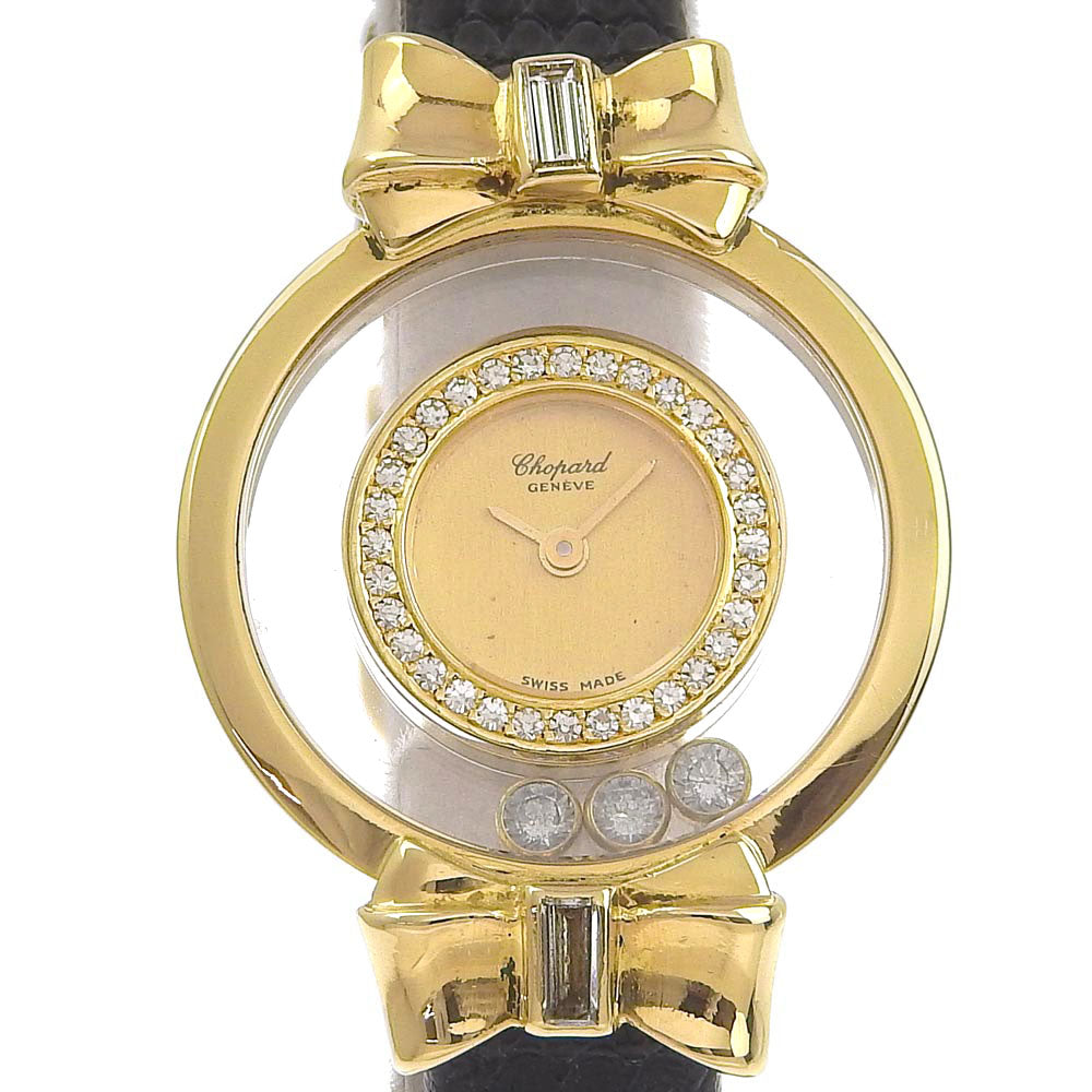 Chopard  Chopard Happy Diamonds Ladies' Wristwatch with Ribbon 205334, 18k Yellow Gold and Leather, Black Quartz, Analog Display, Gold Dial, Made in Switzerland [Pre-owned] Metal Quartz 205334.0 in Fair condition