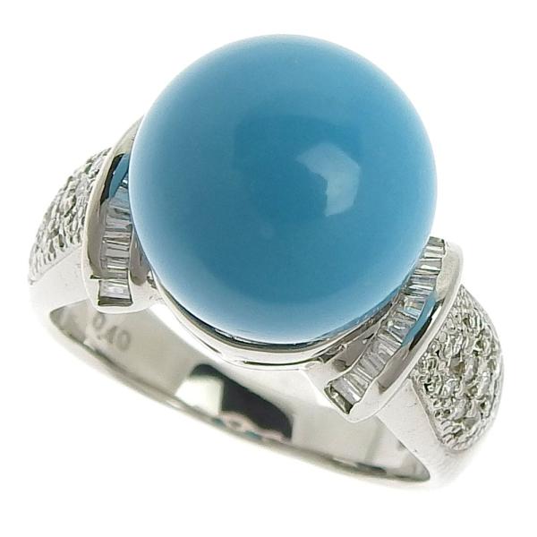 [LuxUness]  Striking Turquoise (11.8mm) Ring with 0.40ct Melee Diamonds, in Platinum Pt900, Silver, Women's Size 13 [Pre-Owned] in Excellent condition