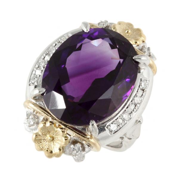 [LuxUness]  K18YG & Platinum Pt900 Ladies Purple Ring with 14.40ct Amethyst and 0.20ct Diamonds, Size 10 in Excellent condition