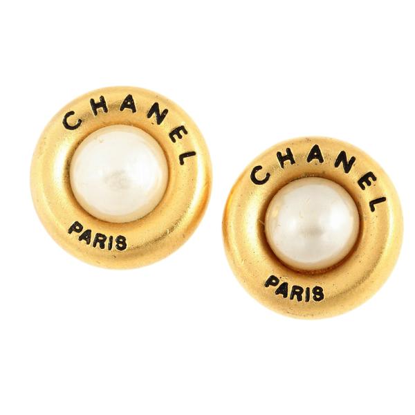 Chanel Faux Pearl Logo Clip On Earrings Metal Earrings in Good condition