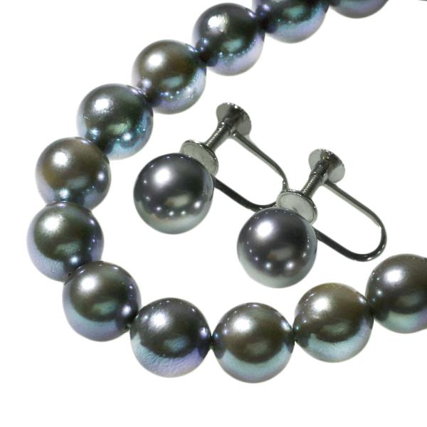 No Brand Necklace & Earring Set with Colored Grey Pearl 7.5mm-8mm in Silver & K14 White Gold
