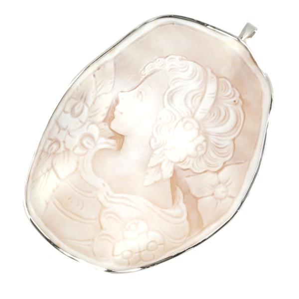 Large Pendant Brooch in K18 White Gold with Natural Shell Cameo, Ladies, No Brand