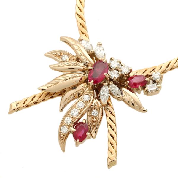 Stylish Floral Necklace with 0.77ct Melee Ruby and 0.55ct Melee Diamonds, in K18 Yellow Gold, for Women [Pre-Owned]