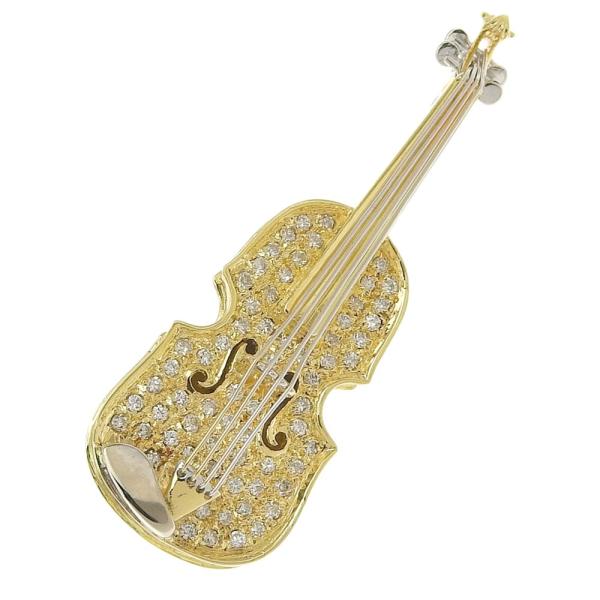 No Brand 18K Yellow Gold Violin Brooch with 0.53ct Diamonds, Weight 11.2g - Ladies' Luxury