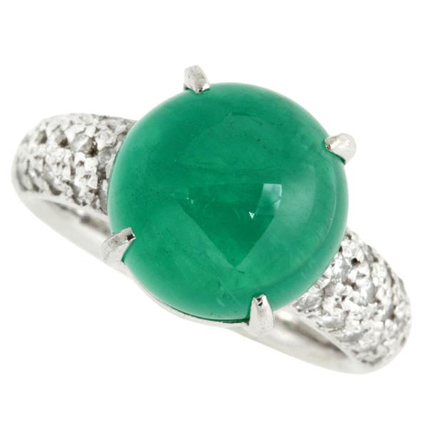 Natural Emerald Cat's Eye Cabochon Ring, Pt900, Emerald Accents, Diamond Accents, Women's Pre-owned Rare Ring Size 11