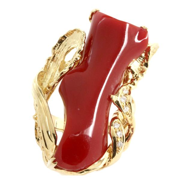 Natural Coral Ring, Coral 25.78ct, Pave Diamond 0.07ct, Size 10, K18 Yellow Gold, For Women, Pre-owned