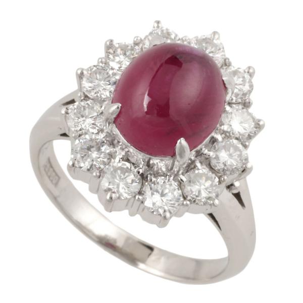 Pt900 Platinum Ring with 4.12ct Ruby and 1.22ct Mere Diamond - Cabochon Cut, Size 11.5
