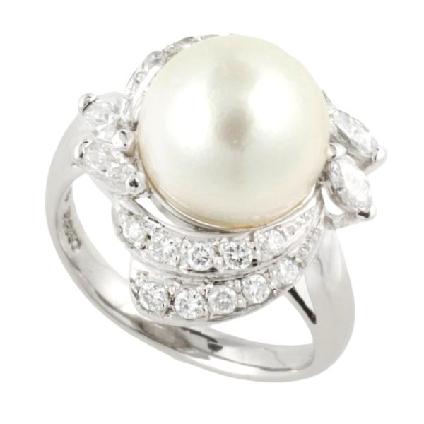 JEWERLY MAKI Ring with Pt850, Pearl & Diamond (0.62ct) Size 10.5, Silver Women's - Preloved