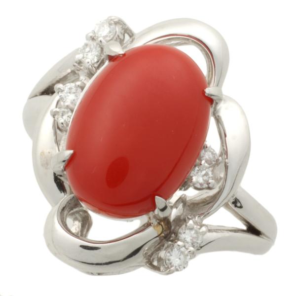 [LuxUness]  No Brand, Women's Silver Ring with 5.96ct Natural Coral and 0.18ct Diamond, Material in Excellent condition