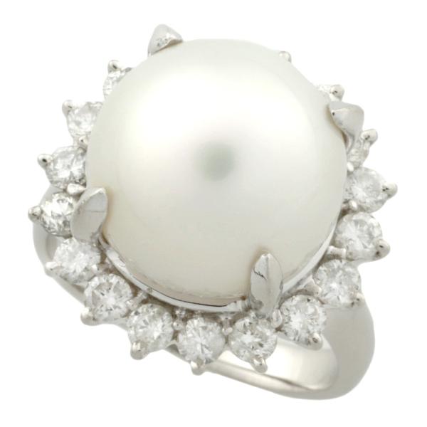 Platinum Pt900 Ring with 13.1mm White Pearl and 1.09ct Melee Diamonds, Size 11, for Women
