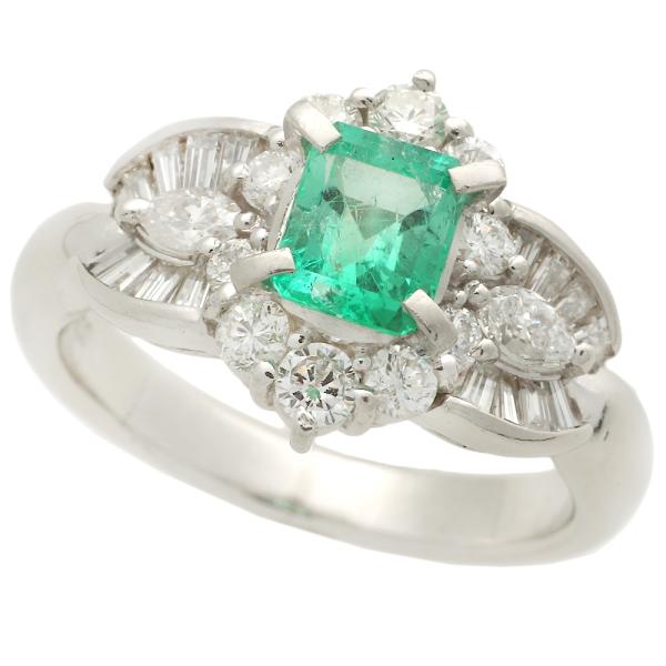 [LuxUness]  Ladies' No Brand Platinum PT900 Ring, featuring Natural Beryl Emerald and 0.81ct Melee Diamond, Size 8.5 in Excellent condition