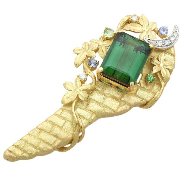 K18YG Pt900 Green Tourmaline 15.80ct, Diamond 0.19ct, & Tanzanite Brooch in Platinum / Yellow Gold for Women, Pre-Owned