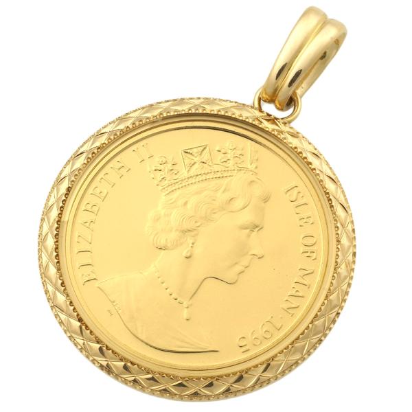 Elegant 1/2 Ounce Pure Gold Coin Pendant Top, Queen Elizabeth II, Crown Coin, K24YG K18YG Man Island Unbranded, Pre-Owned