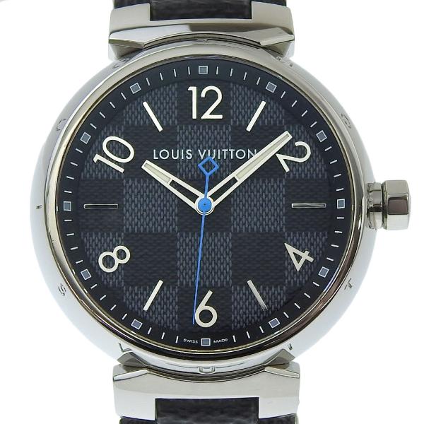 Louis Vuitton Damier Graphite Tambour GM - Men's Quartz Watch with Blue Needle, and Silver Stainless Steel and Leather [Pre-owned] QA073